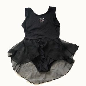 Girls black leotard rhinestone and pink‎ hearts sheer skirt Size XS 4-5